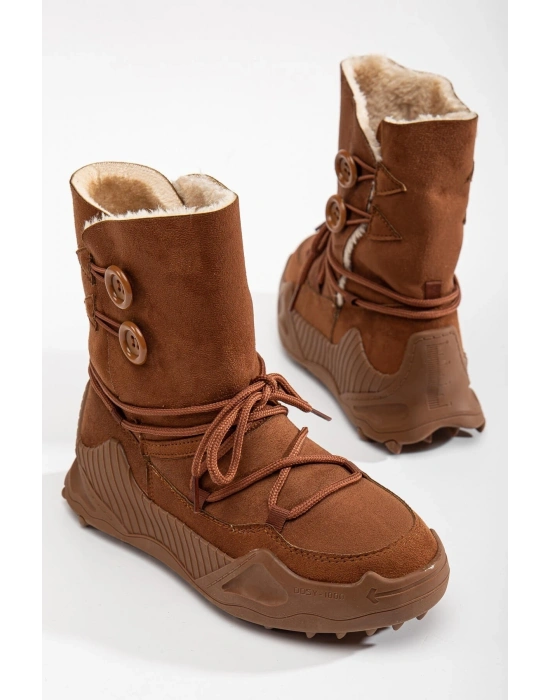 Kinga Kalın Taban Düğme Detaylı İçi Kürklü Bağcıklı Kadın Bot