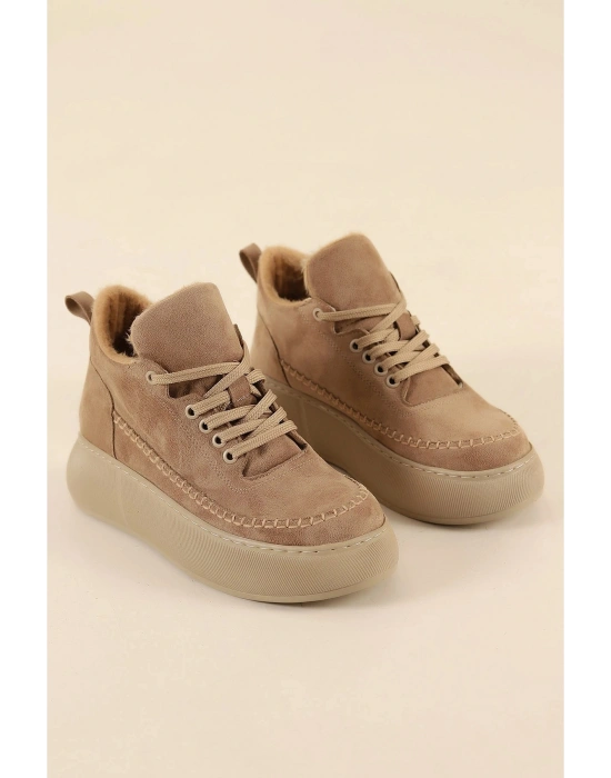 Nadia Bağcıklı Kalın Tabanlı Kürklü Oval Burunlu Rahat Hafif Kadın Bot