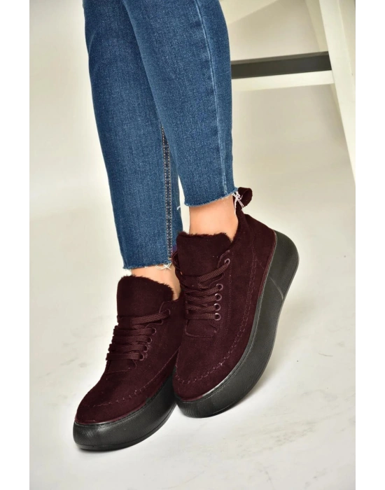 Nadia Bağcıklı Kalın Tabanlı Kürklü Oval Burunlu Rahat Hafif Kadın Bot