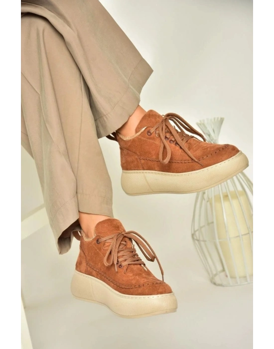 Nadia Bağcıklı Kalın Tabanlı Kürklü Oval Burunlu Rahat Hafif Kadın Bot