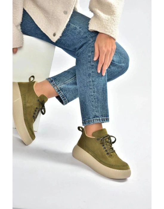 Nadia Bağcıklı Kalın Tabanlı Kürklü Oval Burunlu Rahat Hafif Kadın Bot