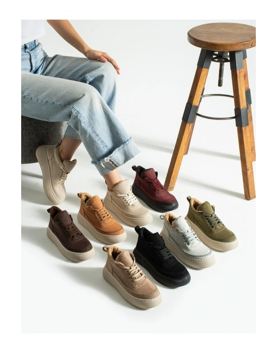 Nadia Bağcıklı Kalın Tabanlı Kürklü Oval Burunlu Rahat Hafif Kadın Bot