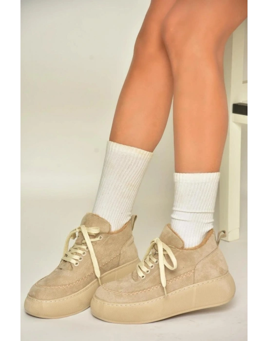 Nadia Bağcıklı Kalın Tabanlı Kürklü Oval Burunlu Rahat Hafif Kadın Bot