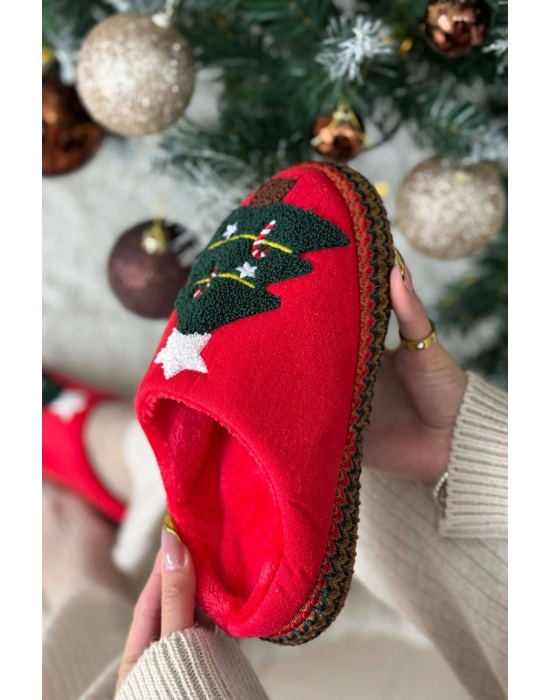 Noel Ağacı Nakışlı Yılbaşı Hediyelik Panduf Ev Terliği