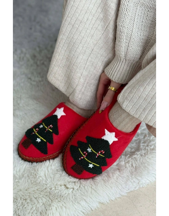 Noel Ağacı Nakışlı Yılbaşı Hediyelik Panduf Ev Terliği