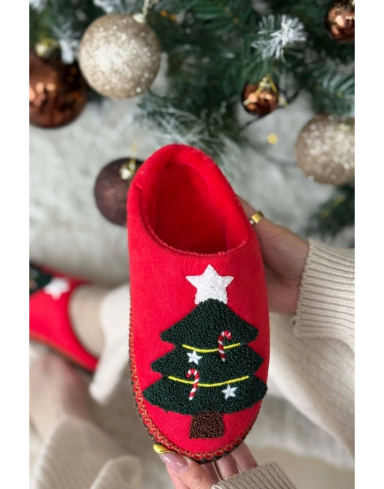 Noel Ağacı Nakışlı Yılbaşı Hediyelik Panduf Ev Terliği