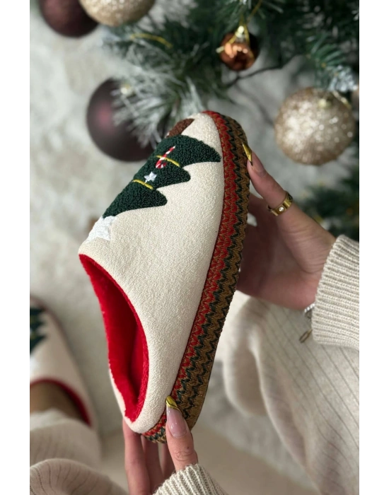 Noel Ağacı Nakışlı Yılbaşı Hediyelik Panduf Ev Terliği