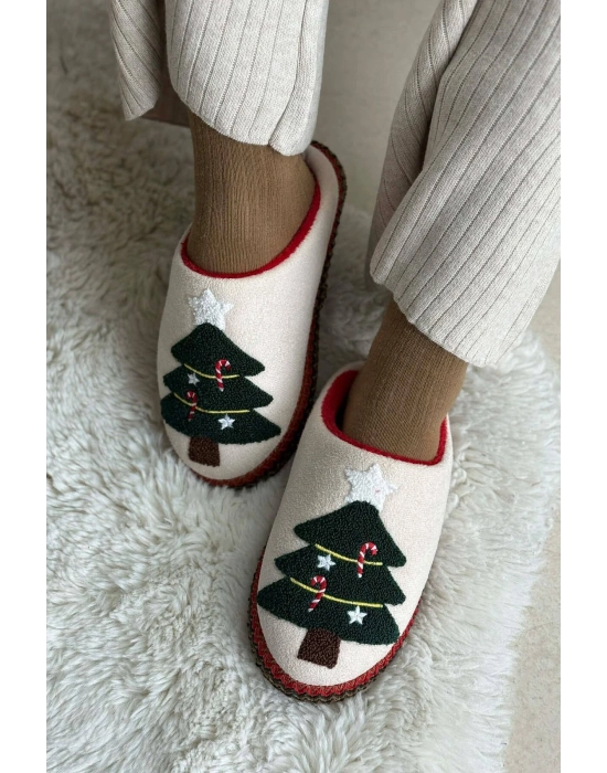 Noel Ağacı Nakışlı Yılbaşı Hediyelik Panduf Ev Terliği