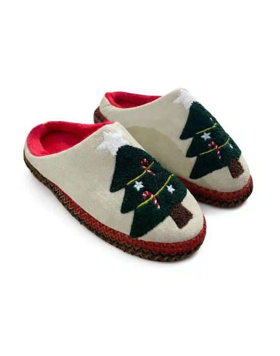 Noel Ağacı Nakışlı Yılbaşı Hediyelik Panduf Ev Terliği