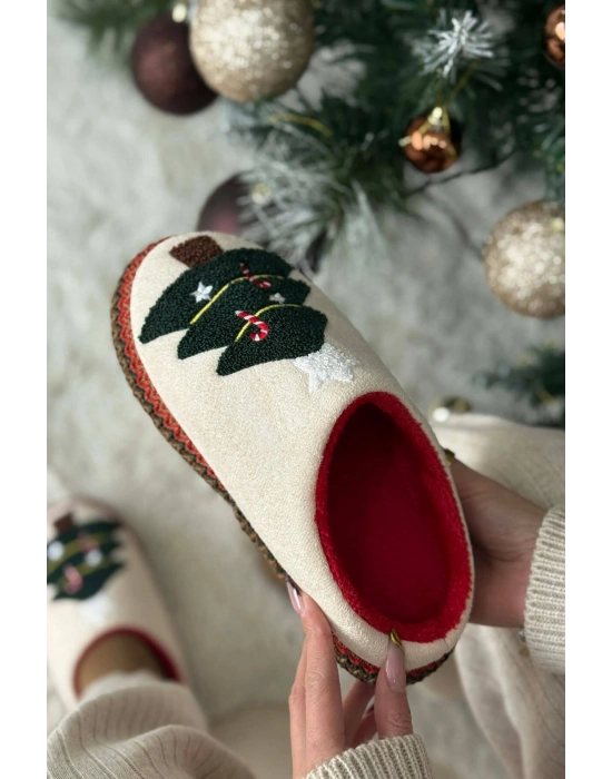 Noel Ağacı Nakışlı Yılbaşı Hediyelik Panduf Ev Terliği