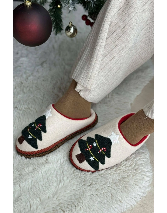 Noel Ağacı Nakışlı Yılbaşı Hediyelik Panduf Ev Terliği