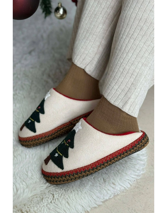 Noel Ağacı Nakışlı Yılbaşı Hediyelik Panduf Ev Terliği