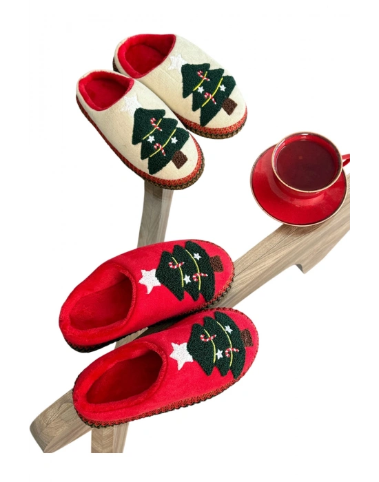 Noel Ağacı Nakışlı Yılbaşı Hediyelik Panduf Ev Terliği