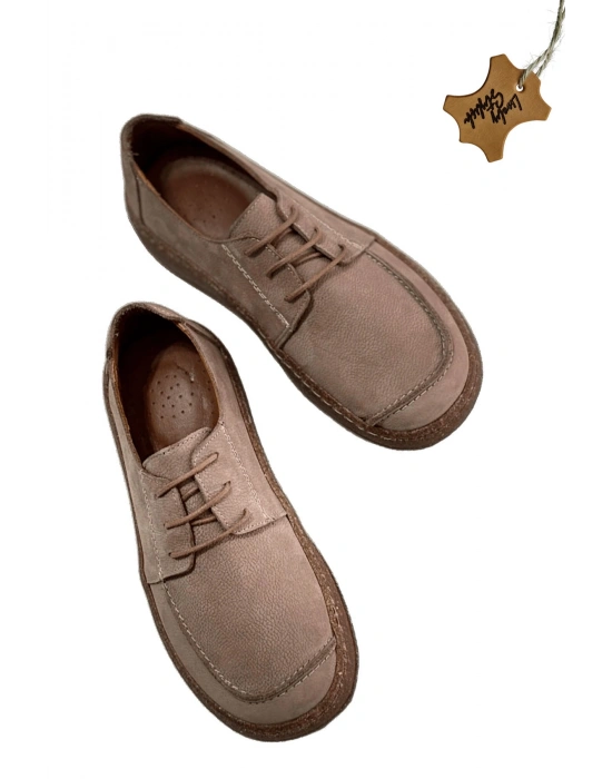 Dora Hakiki Deri Nubuk Comfort Taban Bağcıklı Günlük Kadın Ayakkabı Elde Yapım