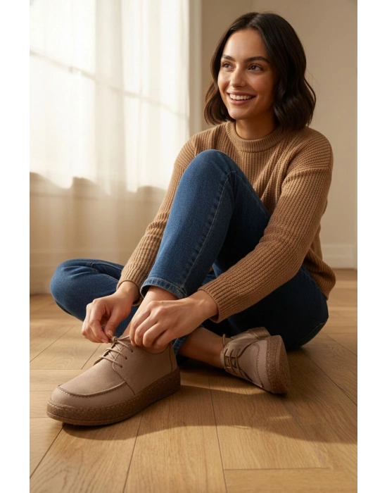 Dora Hakiki Deri Nubuk Comfort Taban Bağcıklı Günlük Kadın Ayakkabı Elde Yapım