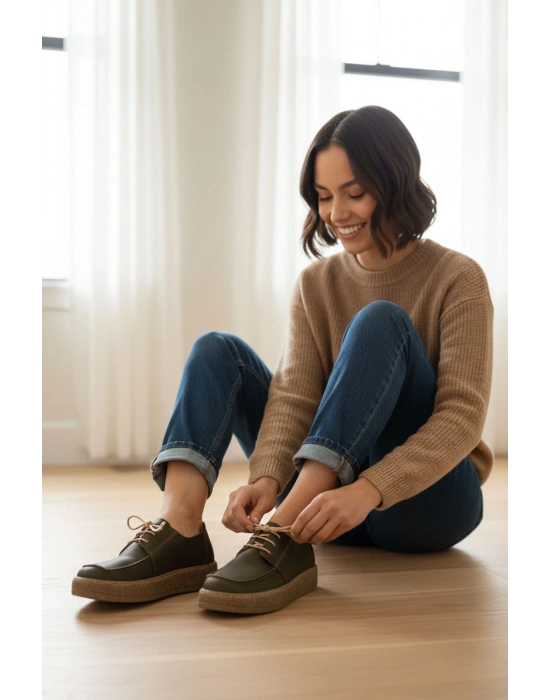 Dora Hakiki Deri Nubuk Comfort Taban Bağcıklı Günlük Kadın Ayakkabı Elde Yapım