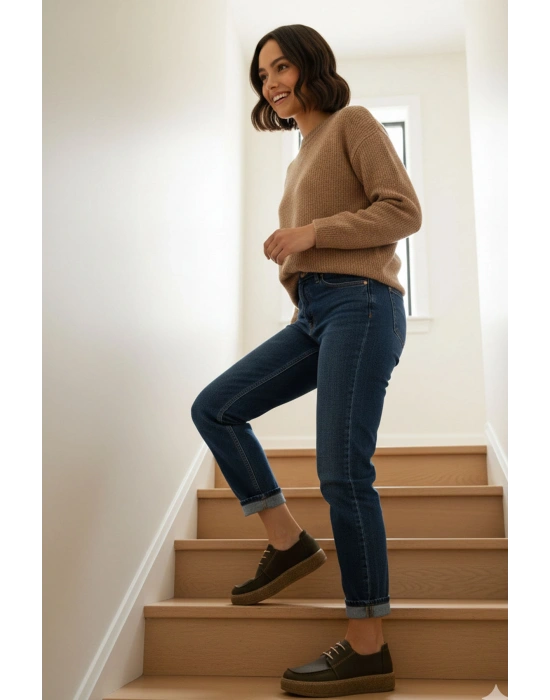 Dora Hakiki Deri Nubuk Comfort Taban Bağcıklı Günlük Kadın Ayakkabı Elde Yapım