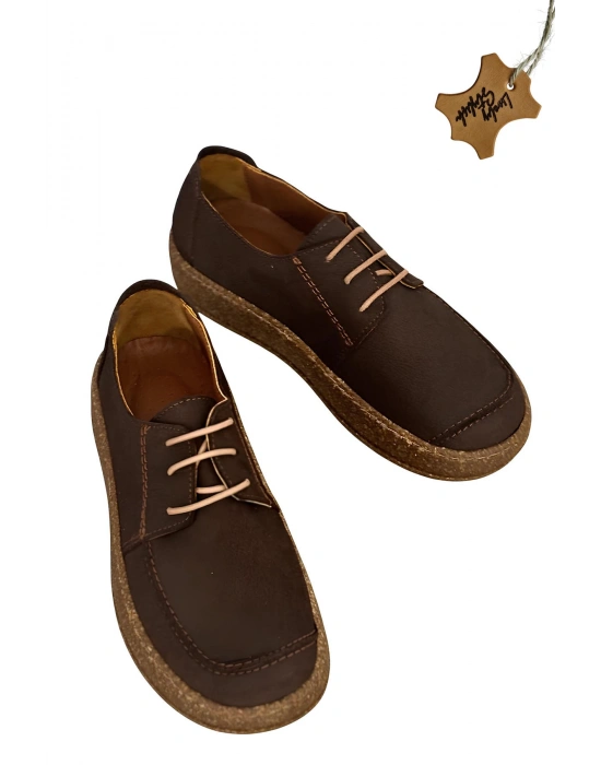 Dora Hakiki Deri Nubuk Comfort Taban Bağcıklı Günlük Kadın Ayakkabı Elde Yapım