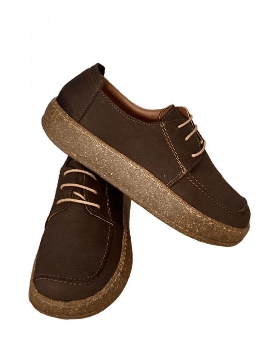 Dora Hakiki Deri Nubuk Comfort Taban Bağcıklı Günlük Kadın Ayakkabı Elde Yapım