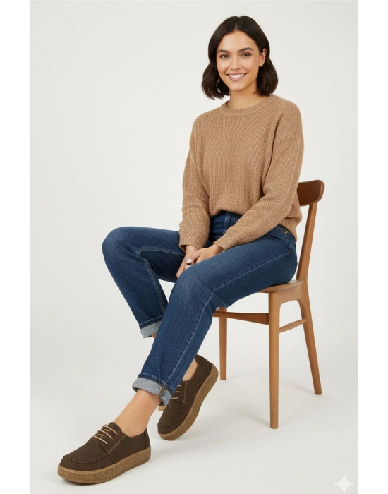 Dora Hakiki Deri Nubuk Comfort Taban Bağcıklı Günlük Kadın Ayakkabı Elde Yapım