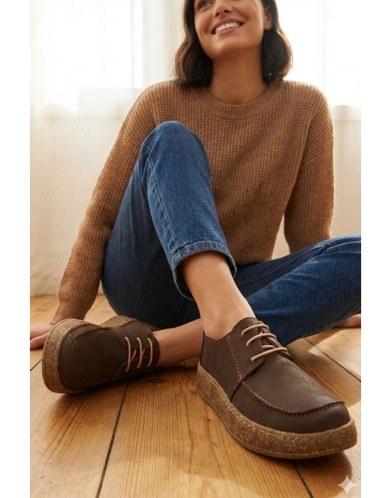 Dora Hakiki Deri Nubuk Comfort Taban Bağcıklı Günlük Kadın Ayakkabı Elde Yapım