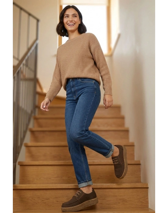 Dora Hakiki Deri Nubuk Comfort Taban Bağcıklı Günlük Kadın Ayakkabı Elde Yapım