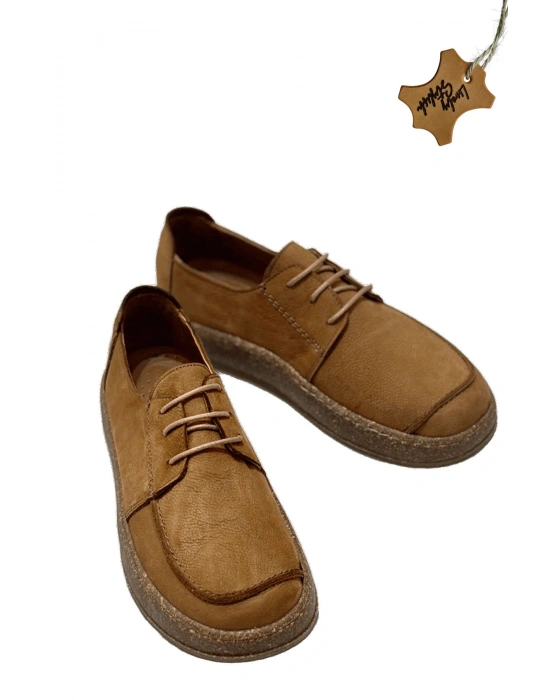 Dora Hakiki Deri Nubuk Comfort Taban Bağcıklı Günlük Kadın Ayakkabı Elde Yapım