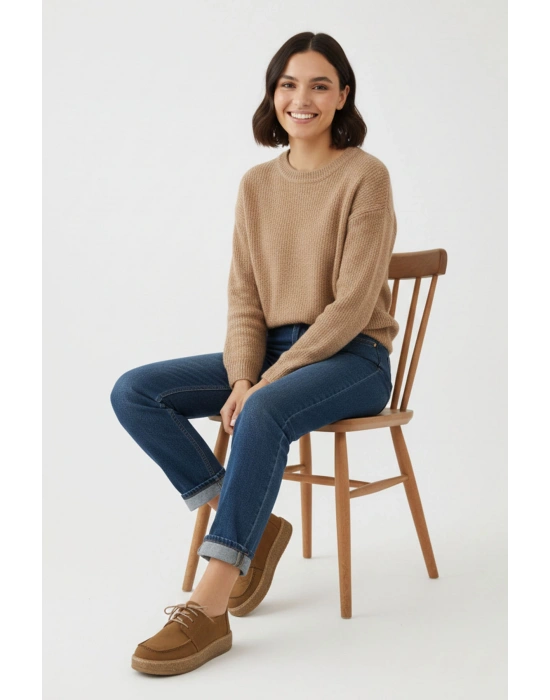 Dora Hakiki Deri Nubuk Comfort Taban Bağcıklı Günlük Kadın Ayakkabı Elde Yapım