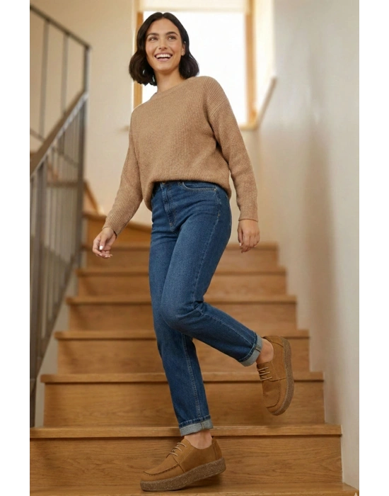 Dora Hakiki Deri Nubuk Comfort Taban Bağcıklı Günlük Kadın Ayakkabı Elde Yapım