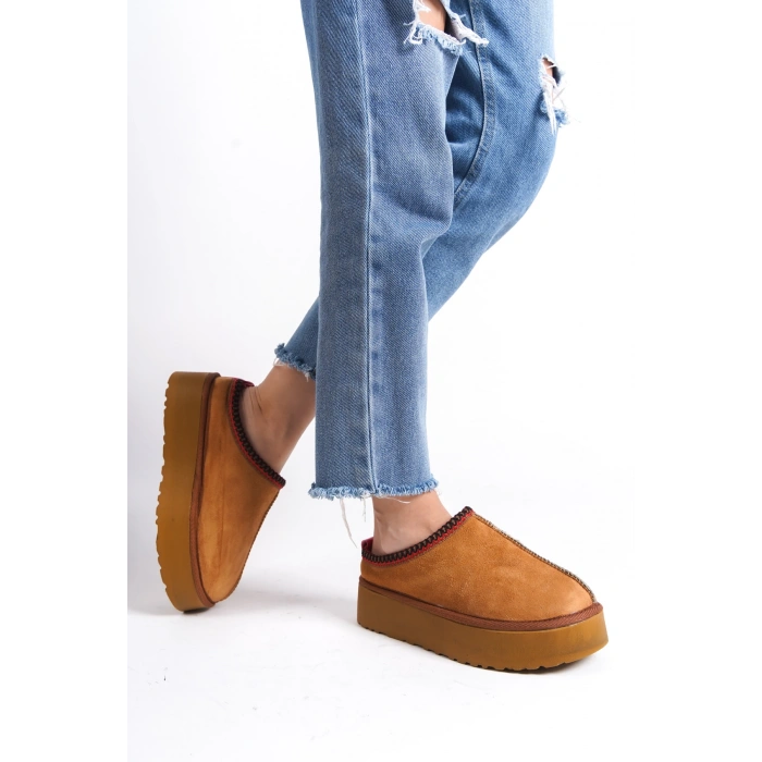 Kadın İçi Tüylü Süet Yarım Bot Rahat Ev Terliği Kalın Taban