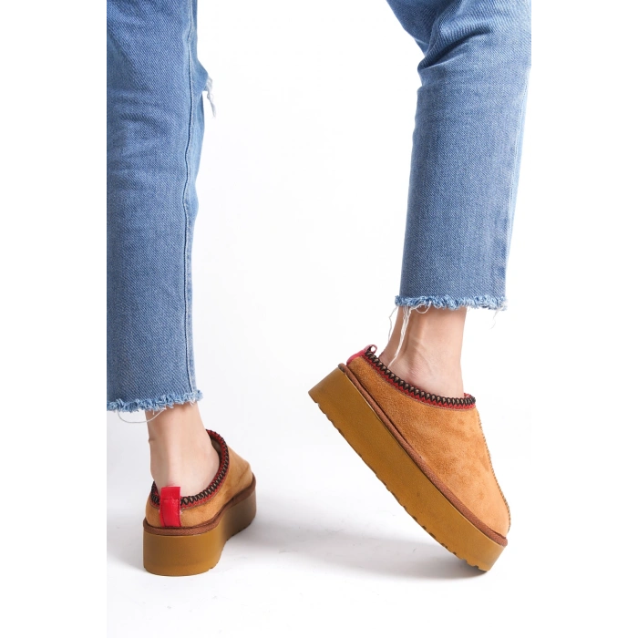 Kadın İçi Tüylü Süet Yarım Bot Rahat Ev Terliği Kalın Taban