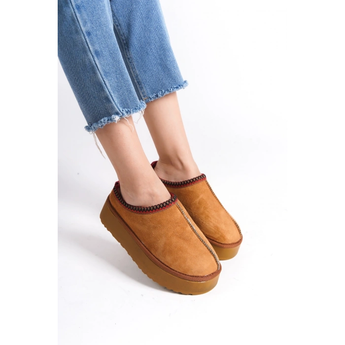 Kadın İçi Tüylü Süet Yarım Bot Rahat Ev Terliği Kalın Taban