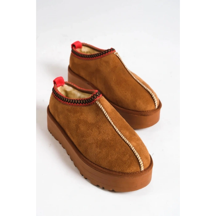 Kadın İçi Tüylü Süet Yarım Bot Rahat Ev Terliği Kalın Taban