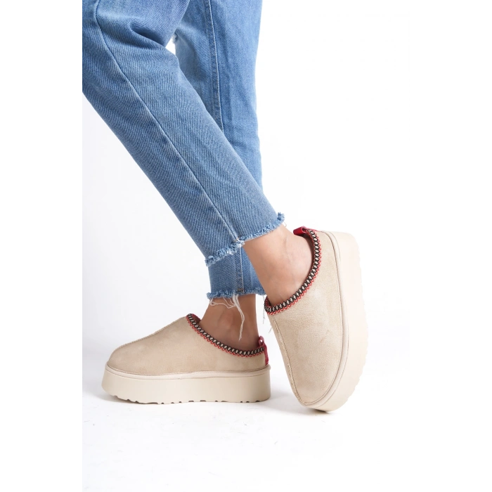 Kadın İçi Tüylü Süet Yarım Bot Rahat Ev Terliği Kalın Taban