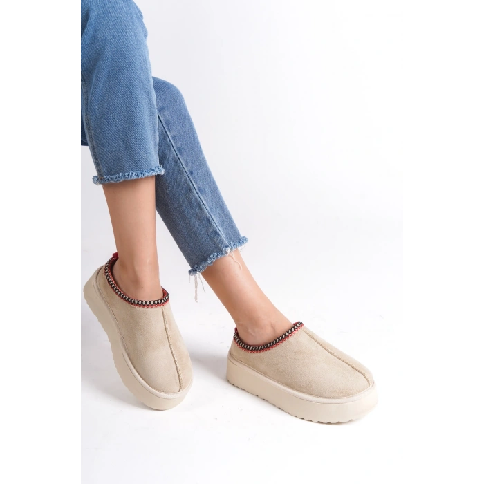 Kadın İçi Tüylü Süet Yarım Bot Rahat Ev Terliği Kalın Taban