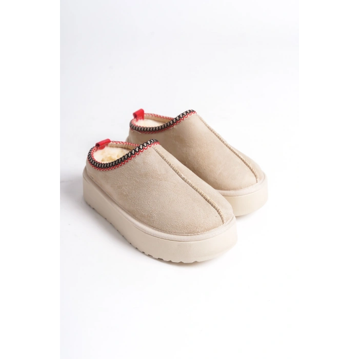 Kadın İçi Tüylü Süet Yarım Bot Rahat Ev Terliği Kalın Taban