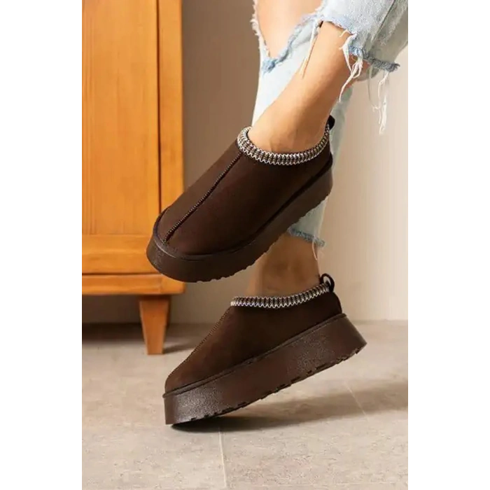 Kadın İçi Tüylü Süet Yarım Bot Rahat Ev Terliği Kalın Taban