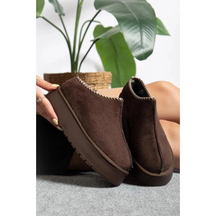 Kadın İçi Tüylü Süet Yarım Bot Rahat Ev Terliği Kalın Taban