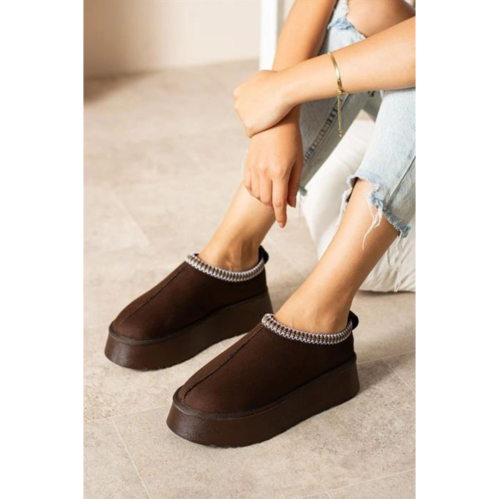 Kadın İçi Tüylü Süet Yarım Bot Rahat Ev Terliği Kalın Taban