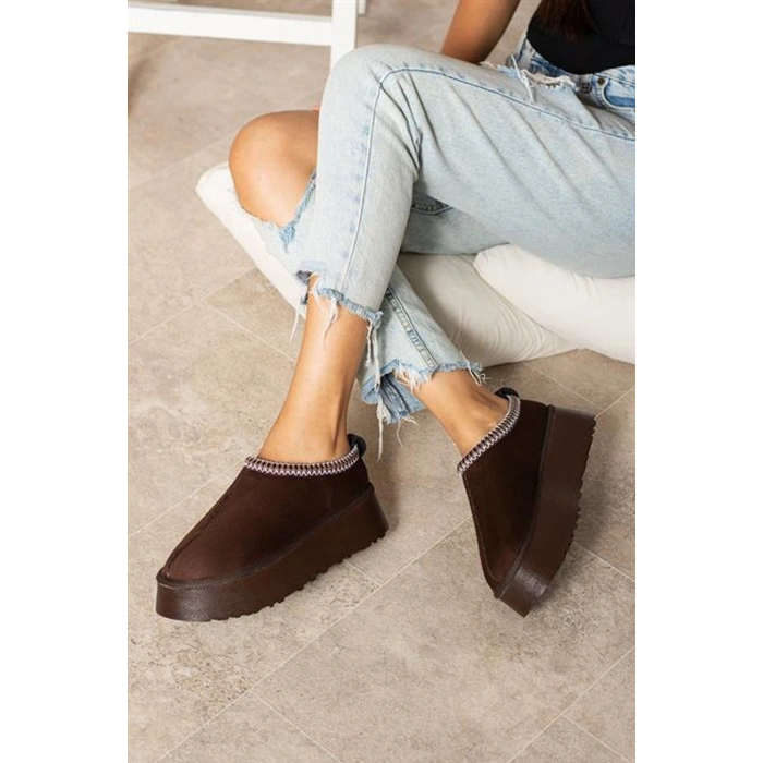 Kadın İçi Tüylü Süet Yarım Bot Rahat Ev Terliği Kalın Taban