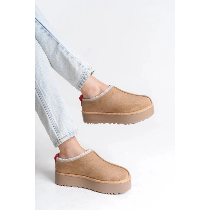 Kadın İçi Tüylü Süet Yarım Bot Rahat Ev Terliği Kalın Taban