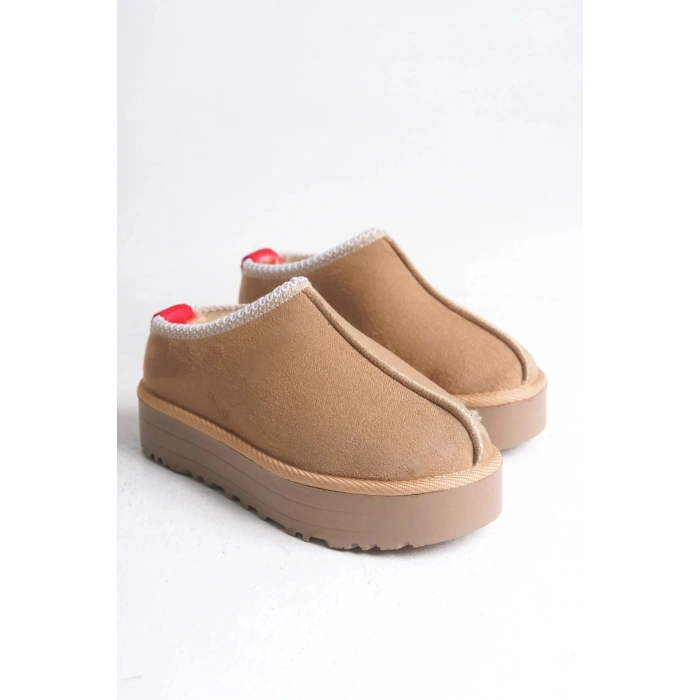 Kadın İçi Tüylü Süet Yarım Bot Rahat Ev Terliği Kalın Taban