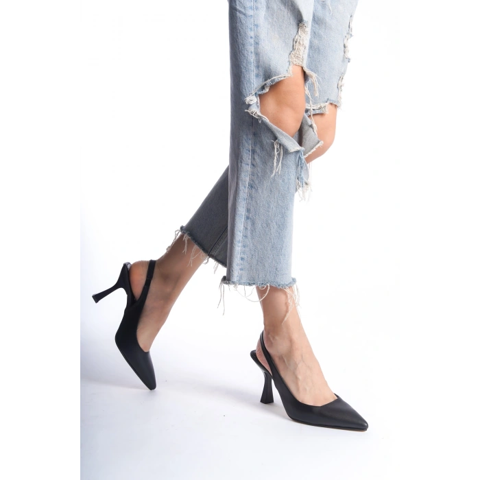 Kadın Arkası Açık Lastikli Rahat Taban Kadeh Topuk Stiletto Ayakkabı Topuk 7cm
