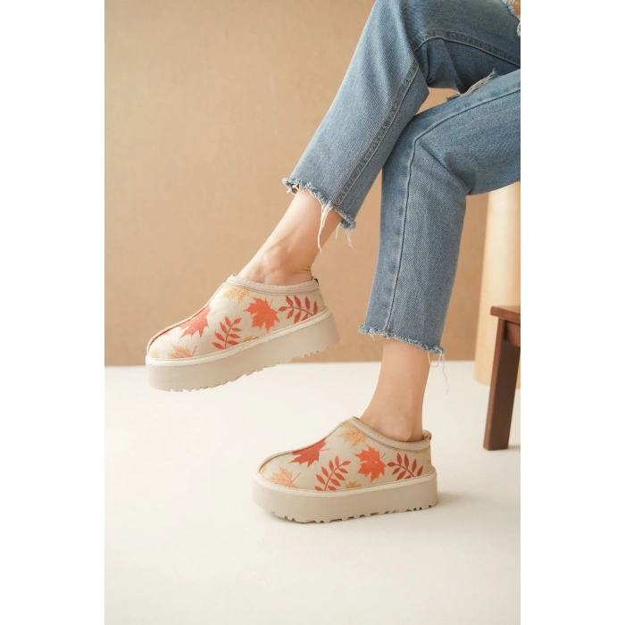 Ev Terliği Botu İçi Tüylü Su Geçirmez Rahat Kalın Taban Yaprak Desenli