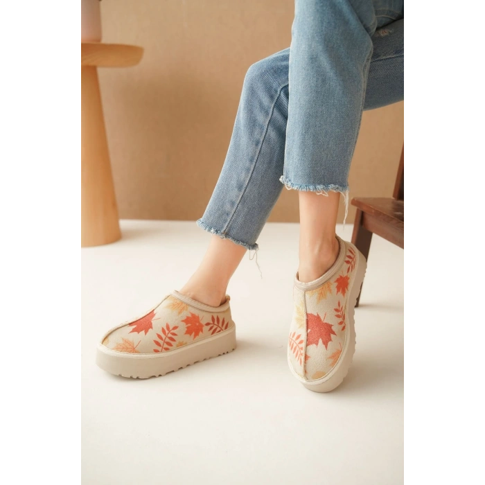 Ev Terliği Botu İçi Tüylü Su Geçirmez Rahat Kalın Taban Yaprak Desenli