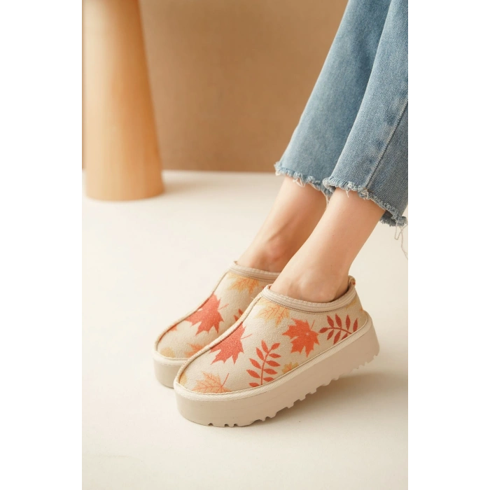 Ev Terliği Botu İçi Tüylü Su Geçirmez Rahat Kalın Taban Yaprak Desenli