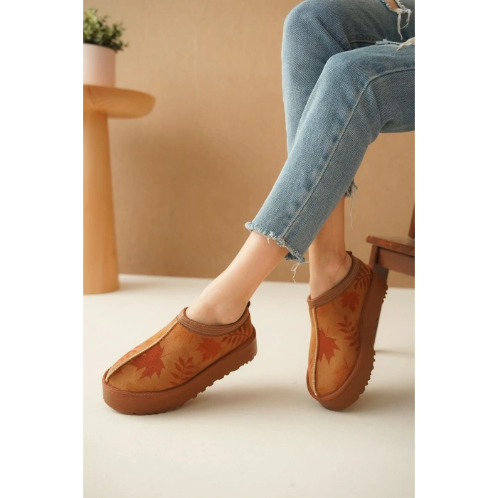 Ev Terliği Botu İçi Tüylü Su Geçirmez Rahat Kalın Taban Yaprak Desenli