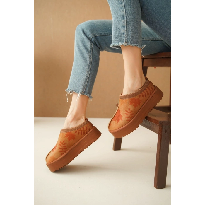 Ev Terliği Botu İçi Tüylü Su Geçirmez Rahat Kalın Taban Yaprak Desenli