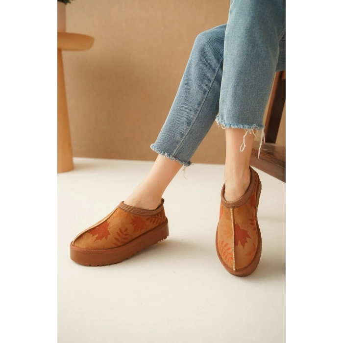 Ev Terliği Botu İçi Tüylü Su Geçirmez Rahat Kalın Taban Yaprak Desenli