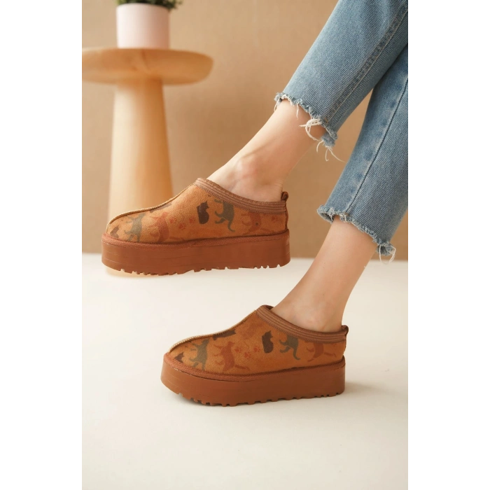 Ev Terliği Botu İçi Tüylü Su Geçirmez Rahat Kalın Taban Kedi Desenli